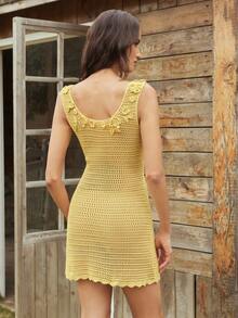 Gaivellea Women's Vacation Casual Solid Color Hollow-Out Camisole Dress - Yellow - View 2