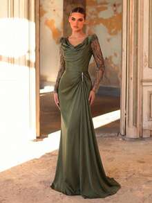 Aureia Elegante y lujoso vestido con cuello de volantes elástico con bordado de flores abullonadas, lentejuelas y diamantes, mangas transparentes de sirena, adecuado para bodas, fiestas, vacaciones, novia, madre de la novia y vestidos de noche - Verde - Ver 8
