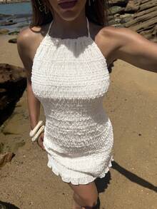 Opulessa 纯色针织露肩迷你连衣裙，适合春夏度假穿着 - 杏色 - 查看 7