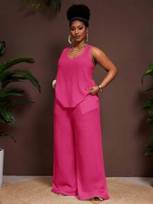 Slaydiva Bộ đồ 2 mảnh cỡ lớn dành cho nữ mùa Xuân/Hè 2025, phong cách vintage miền Tây/nhiệt đới/lễ hội âm nhạc/club/du lịch đường phố/thời trang thường ngày/kỳ nghỉ thành phố/lễ tốt nghiệp/kỳ nghỉ thanh lịch - Áo tank top không tay cổ chữ U bằng vải voan mỏng, dáng rộng, có họa tiết, phối cùng quần palazzo cạp chun, áo liền quần yoga, trang phục làm việc tại nhà, trang phục cho nữ cao, trang phục du thuyền, trang phục công sở cho nữ. - Màu Hồng Tươi - Xem 4