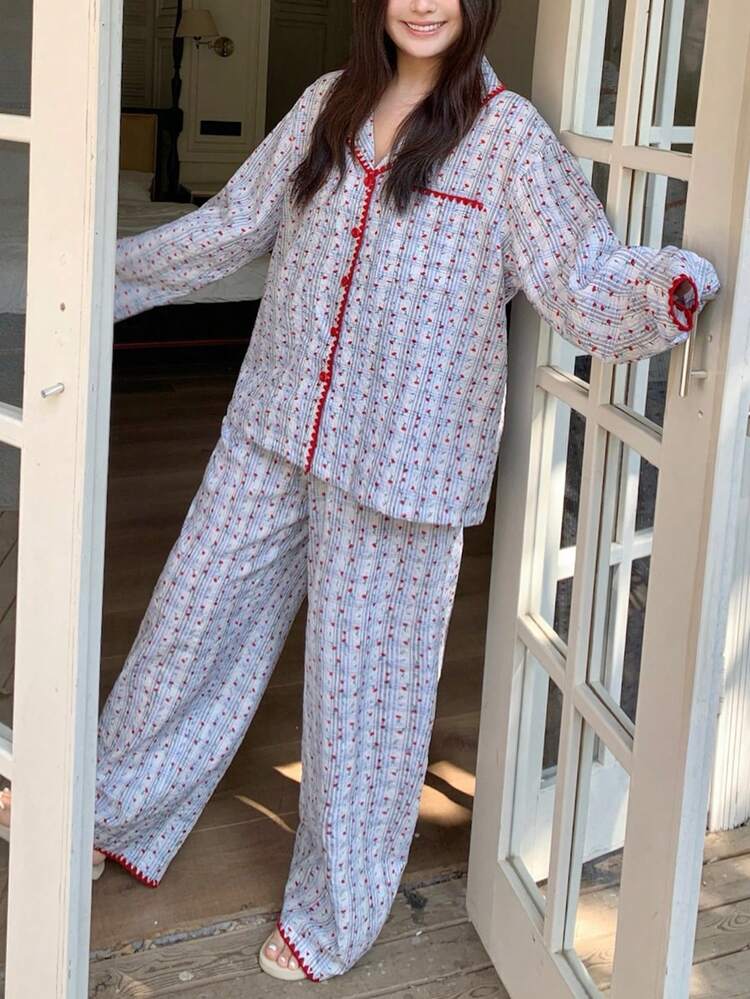 Dazy Plus Cute Plaid & Floral All-Over Print Contrast Embroidery Trim Loose Plus Size Women Spring/Summer Pajama Set