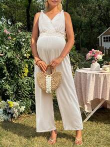 SHEIN Maternity Fashion Lace Trim Jumpsuit - Apricot - View 5