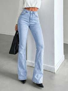 SHEIN Tall Women's Pocket Button Casual Versatile Daily Wear Flare Leg Jeans - Light Wash - View 4