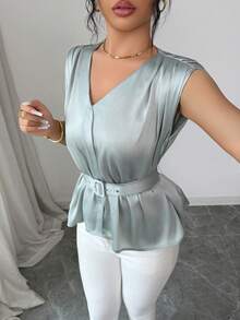 Modelyn 女士优雅通勤纯色褶皱无袖衬衫，配腰带 - 藍色 - 查看 3