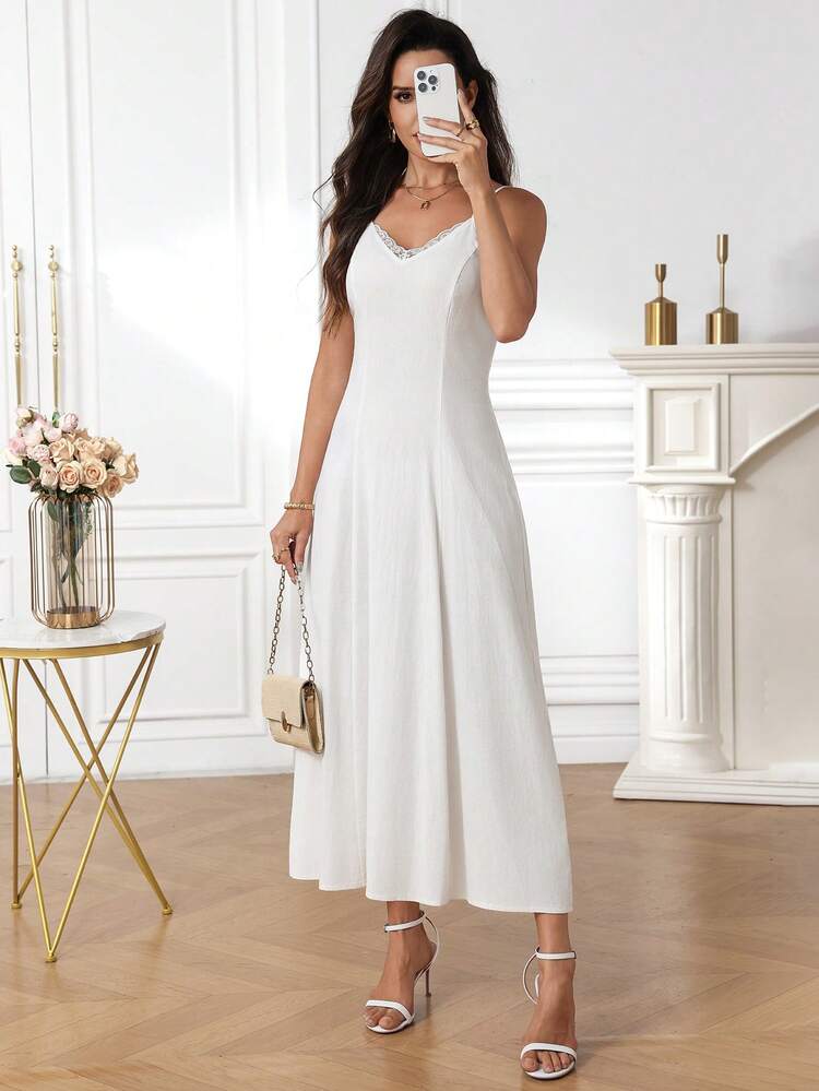 White 100% Cotton Lace Trim Spaghetti Strap Flowy Maxi Dress Elegant Casual Summer Beach Vacation Outfit White Dress Lace Dress Spaghetti Strap Dress Casual Dresses For Women Elegant Dresses For Women Summer Dresses For Women Beach Dresses For Women Vacation Dresses For Women,Summer Holiday Outfits,Graduation Outfit For Mother.Summer Outfits For Women