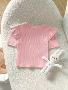 Cozy Pixies Baby Girl Solid Color Soft Knit Ruffled Crew Neck Short Sleeve Pullover Top,Kids - Pink - View 2