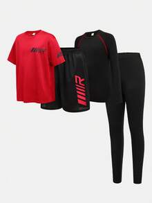 SHEIN Conjunto deportivo informal de 4 piezas para niño preadolescente con camiseta de manga corta con cuello redondo y estampado gráfico, y pantalones cortos. Conjunto de chándal de punto con top de manga larga y pantalones - Rojo - Ver 6
