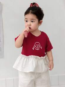 DAZY Blusa de manga corta con cuello redondo, volantes y contraste de color para niñas pequeñas - Rojo - Ver 4