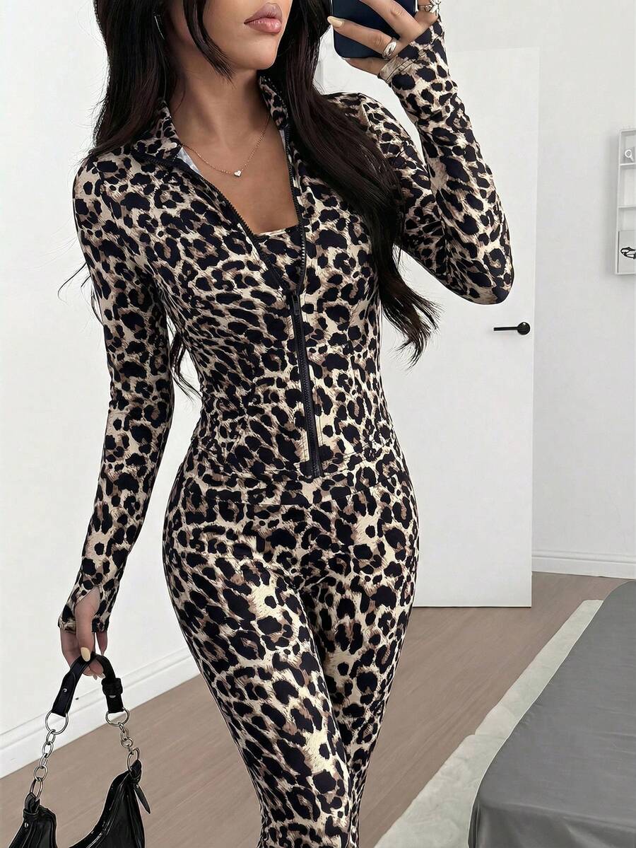 SHEIN EZwear Women's Leopard Print Layering Top And Leggings Casual Outfit - Multicolor - View 1