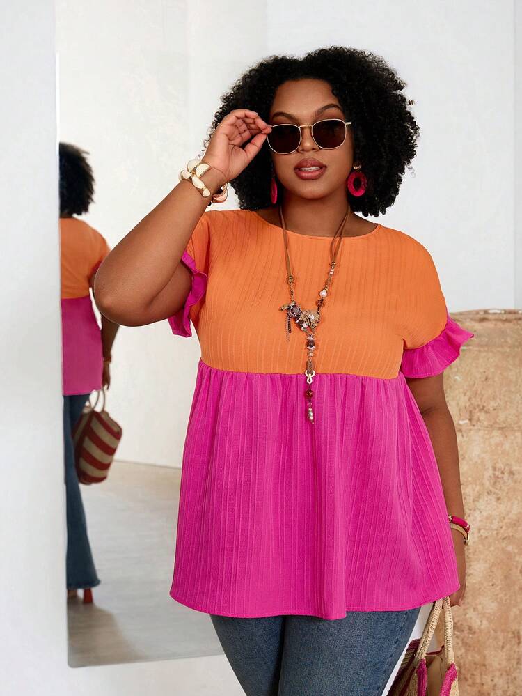 Plus Size Women Contrast Color Round Neck Loose Fit Smock Blouse,Country Casual Vacation Woman,Simple And Fashionable For Everyday Wear,Summer Tops Women,Summer For Women,Vacay
