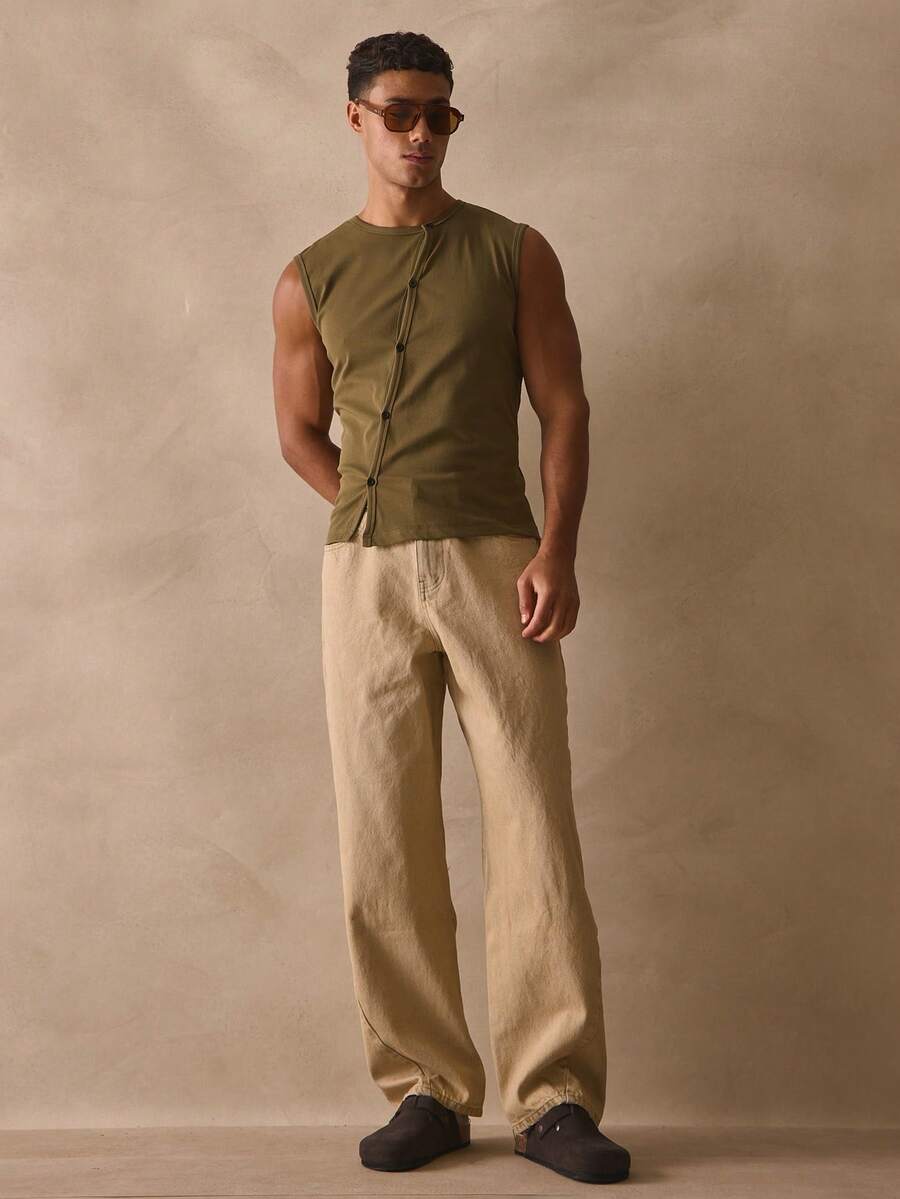 Musero Crew Neck Sleeveless Vest Style Top Asym Button Through Detailing Tank Top Spring Summer Essentials Beach Wear - Green - View 1