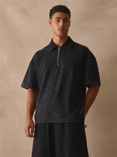 Musero Oversized Qaurter Zip Style Polo Top Collared Short Sleeve Extreme Drop Shoulder Shirt Spring Summer Essentials