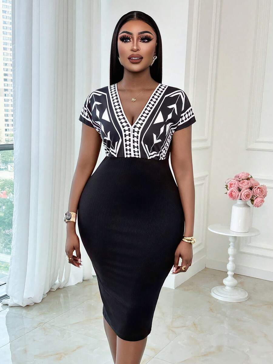 Xyvia Dropped Shoulder Sleeve Print Fabric Patchwork Waist Wrap V-Neck Elegant Romantic Women's Vacation Dress - Multicolor - View 1