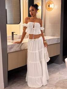 Slaydiva 春夏度假海滩法式甜美可爱约会套装 - 露肩荷叶边上衣和系腰荷叶边长裙 - 白色女士度假套装 - A - 白色 - 查看 3