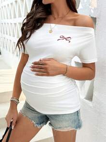 SHEIN Maternity Butterfly Print Off Shoulder Ruched Fitted T-Shirt - White - View 4