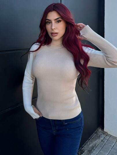 Bearsaez 秋冬休闲拼色立领简约针织毛衣、长袖上衣