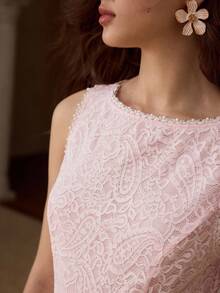 MOTF PREMIUM WOMEN'S LACE FAUX PEARL BEADED LONG DRESS - Pink - View 2