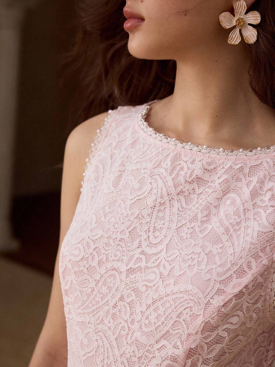 MOTF PREMIUM WOMEN'S LACE FAUX PEARL BEADED LONG DRESS - Pink - View 2