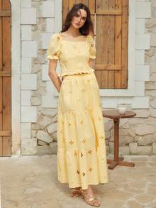 Gaivellea 女士春夏法式优雅度假套装，黄色刺绣镂空上衣和蛋糕裙两件套 - 黃色 - 查看 5