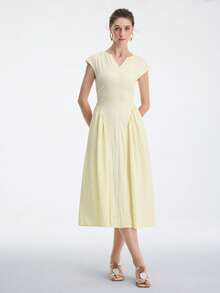 Aalyst Vestido midi elegante con cuello en V y cintura fruncida, adecuado para citas y fiestas - Albaricoque - Ver 6