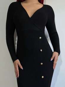 Bearsaez Women's V-Neck Waisted Sweater Dress, Christmas - Black - View 3