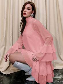 Bris Aura Gaun Wanita Elegan Warna Polos dengan Lengan Berkerut dan Mengembang, Gaya Bohemian, Gaun Musim Panas untuk Wanita - Berwarna merah muda - View 3