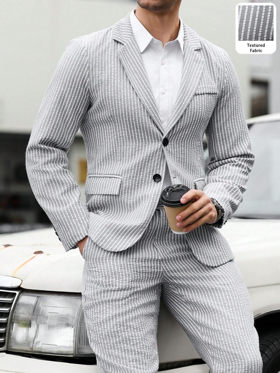 Manfinity Mode Bộ vest nam dài tay cài cúc phía trước, màu xám sọc, chất liệu vải dệt, thích hợp cho mùa xuân/hè, gồm áo khoác và quần. - Xám - Xem 1