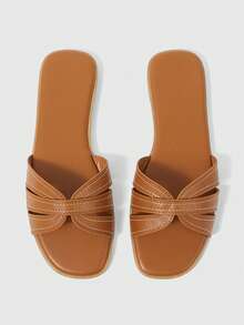 Sleekvia Women Shoes Summer New Cross Strap Square Toe Classic Flat Slippers Casual Beach Wear - Camel - View 2