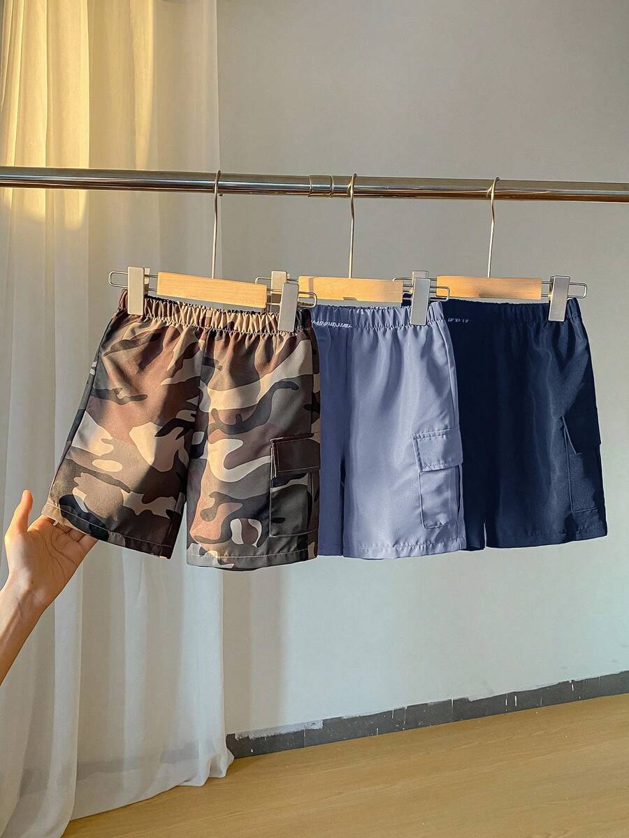 SHEIN 3件套儿童/青少年男童休闲百搭舒适迷彩及纯色口袋宽松梭织短裤,适合上学、花园、海滩、生日、春、夏、秋、冬等场合穿着。 - 藏蓝色 - 查看 1