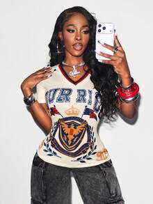 Glyssa Women's V-Neck Graphic Print Fitted Ribbed Splice Design Casual Minimalist Chic Commuter T-Shirt, Suitable For Outing, Party, Daily Street Style, Spring/Summer - Multicolor - View 4