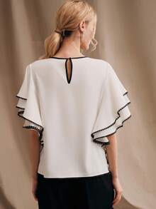 Anewsta 春季精致宝塔设计荷叶边下摆层叠喇叭袖女式衬衫 - 白色 - 查看 2