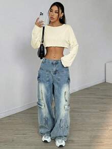 SHEIN EZwear 奶油黄性感竹纤维针织轻薄短袖防晒T恤，适合春夏穿着 - 米色 - 查看 5