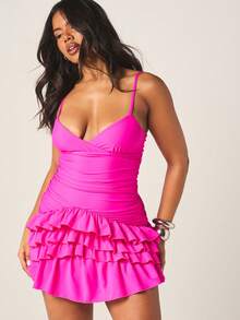 MISSGUIDED Hot Pink Tiered Ruffle Mini Dress With Sweetheart Neckline And Spaghetti Straps For Summer Party Cocktail Evening Occasions - Purple - View 4
