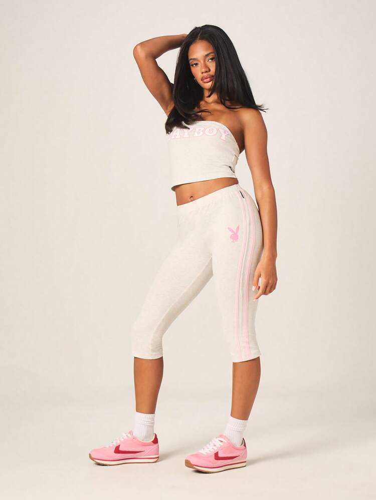 Missguided x Playboy Brand Capri Leggings With Pink Side Stripes And Bunny Logo For Women Casual Everyday Wear