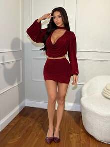 SHEIN PETITE Bộ vest công sở màu đỏ tía thanh lịch, thích hợp cho công sở, mùa thu, mùa đông, màu đỏ, trang phục gợi cảm cho nữ dự tiệc, bộ đồ thanh lịch cho nữ, váy dự tiệc, năm mới, Giáng sinh, Lễ Tạ ơn, váy ôm gợi cảm, váy hẹn hò, váy cổ chữ V sâu, váy dự hộp đêm, váy màu rượu vang đỏ. - Màu Đỏ Sâu - Xem 4