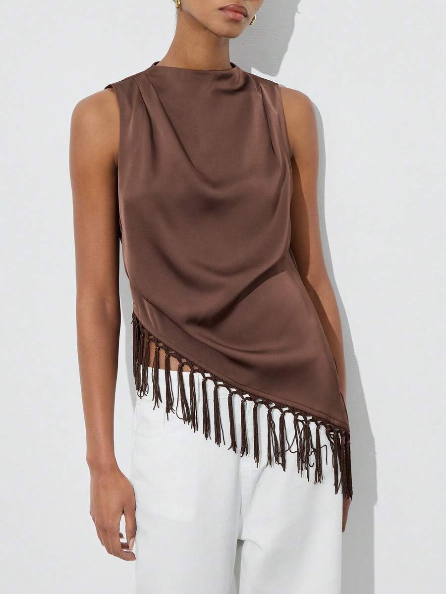 Maija Áo nữ không tay màu trơn với vạt áo bất đối xứng và trang trí tua rua, thích hợp cho mùa hè, ngày lễ Thánh Patrick, lễ Phục sinh, tiệc tùng, đi biển, kỳ nghỉ hè, mỗi kỳ nghỉ cho nữ, đi chơi, lễ tốt nghiệp, áo kiểu thường ngày cho nữ. - Cà phê nâu - Xem 1