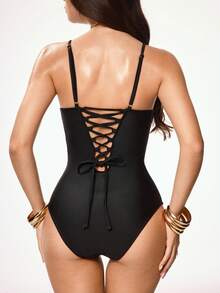 Shapewave Women's Black Summer Cute Mesh Patchwork One-Piece Swimsuit,Tummy Control Bathing Suit For Beach Holiday,Pool Party Vacation - Black - View 7