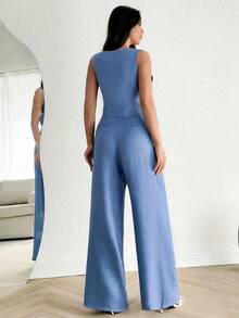 EURMUSE Women Two Pieces Outfits Vest And Wide Leg Pant Suit Sets - Royal Blue - View 3