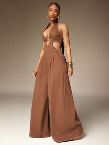Denimoi Sexy Wide Leg Denim Jumpsuit With Cut Out Detail Vacation Outfits Brunch Sexy Jumpsuits - Brown - View 3