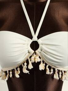 Zestiva Bộ bikini 3 mảnh dành cho nữ, áo croptop không dây và váy ngắn tua rua, màu trơn gợi cảm, thích hợp cho tiệc bãi biển thường ngày. - Màu be - Xem 6