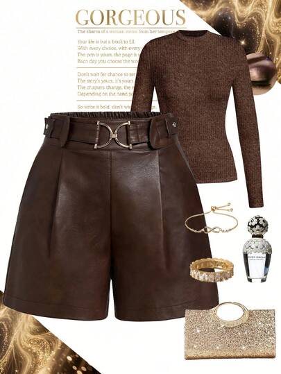 Ellevyn Women's Solid Color Metal Buckle Design Retro Fashion PU Shorts