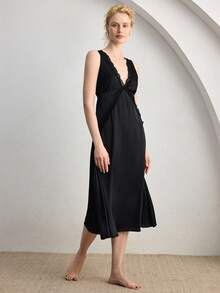 Ocili Camisón de satén suave con ribete de encaje, ropa de dormir elegante y cómoda para mujer en otoño - Negro - Ver 6