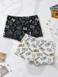 MONOPOLY X SHEIN Tween Boy 2pcs Allover Print Elastic Waist Comfortable Boxer Briefs - Black - View 2