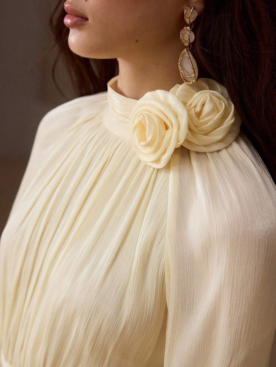 MOTF PREMIUM Women's Solid Color 3D Floral Decor Raglan Sleeve Elegant Dress - Apricot - View 2