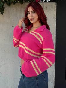 Bearsaez New Early Autumn, Autumn And Winter Back-To-School Season, Music Festival, Carnival, Casual Street Style, Sexy Daily Date, Popular Online Celebrity Outfits, Casual Elegance, Commuting, OL Style, Fake Style, POLO Neck, V-Neck, Long-Sleeved, Loose Fit, Short Yellow, Rose Red Striped Pullover, Sweater, Knitted Top, Women's Sweater Office Wear Back To School Rave Outfits Festival - Hot Pink - View 3