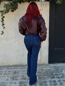 Bearsaez 女式冬季休闲保暖直筒牛仔裤 - 深色水洗藍 - 查看 2