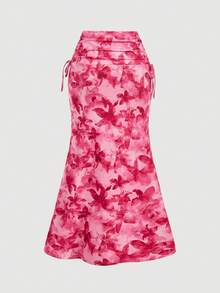 SHEIN MOD 女士碎花扭结褶皱吊带背心和半身裙两件套，时尚百搭，适合约会和外出穿着 - 玫紅色 - 查看 9