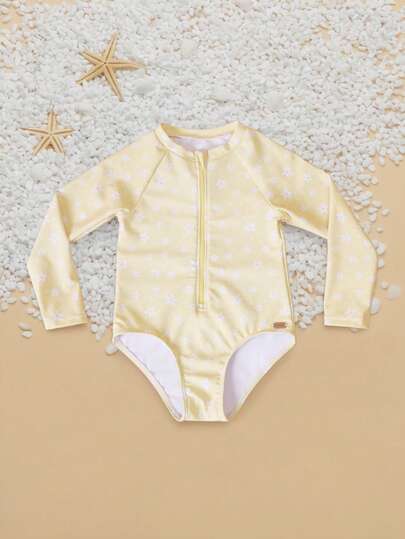 SUMWON 女童长袖防晒连体泳衣，白色小碎花印花，前拉链设计，适合夏季海滩、游泳池活动