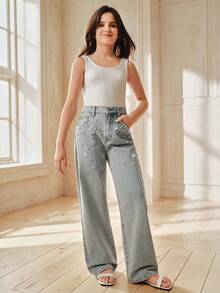Anewsta Jeans rectos con pierna blanca y azul, decorados con diamantes y perlas brillantes de moda para niñas, primavera/verano - Azul - Ver 5