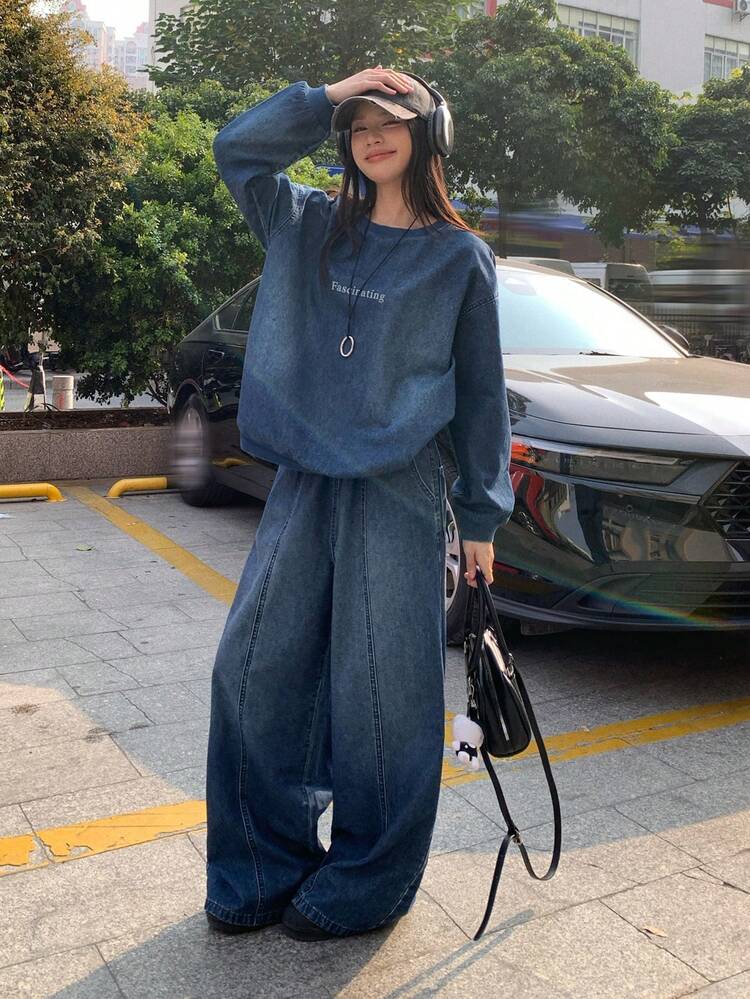 Women's Korean Style Round Neck Washed Denim Top And Loose Fit Denim Pants Set